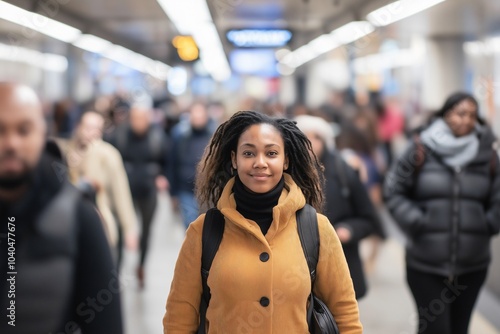 During the rush hour frenzy, a woman stands in a packed subway station, with the fast-moving crowd creating a dynamic, blurred background.