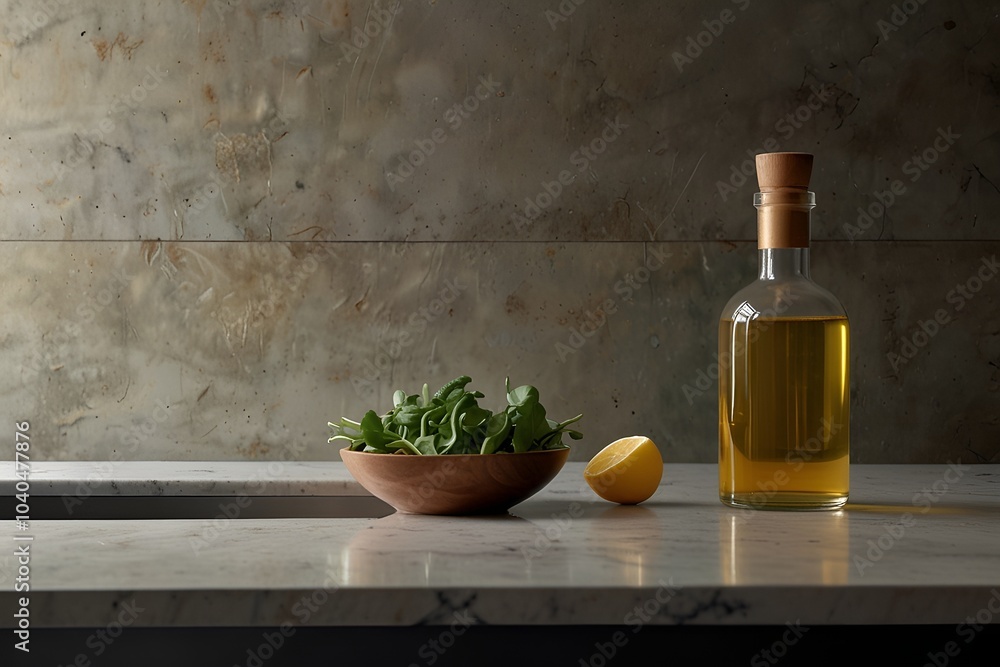 Elegant composition featuring a bottle of olive oil, fresh greens in a wooden bowl, and a lemon on a marble countertop. Elegant composition featuring a bottle of olive oil, fresh greens in a wooden bowl, and a lemon on a marble countertop.