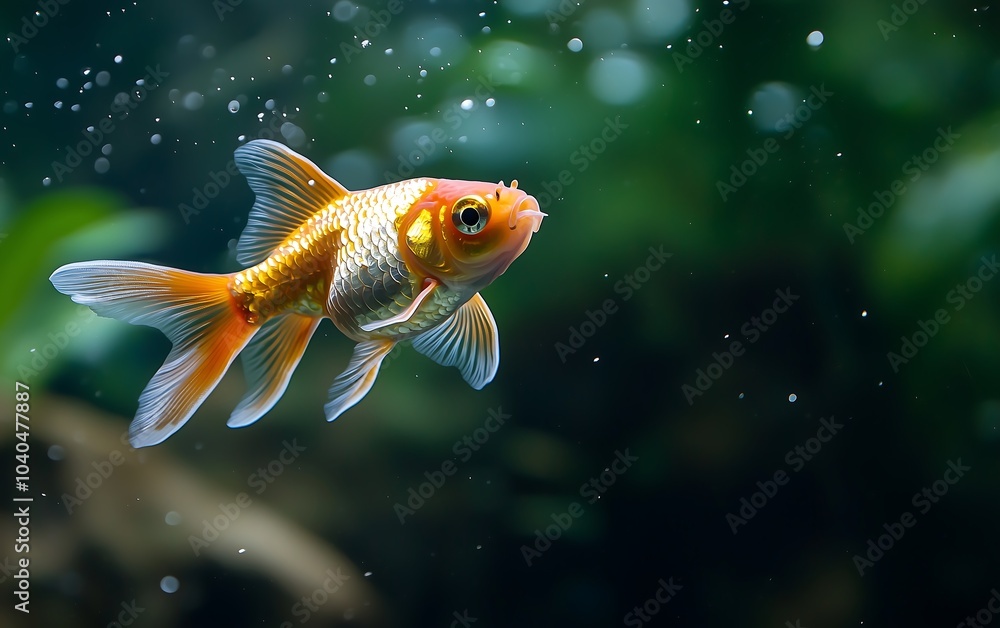 A vibrant goldfish swims gracefully in a clear aquarium, surrounded by bubbles and soft green aquatic plants. A vibrant goldfish swims gracefully in a clear aquarium, surrounded by bubbles and soft green aquatic plants.
