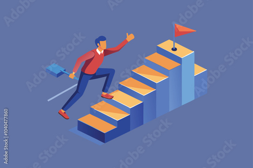 Reaching the goal. 3d render of a man going up the stairs towards the goal vector art illustration.