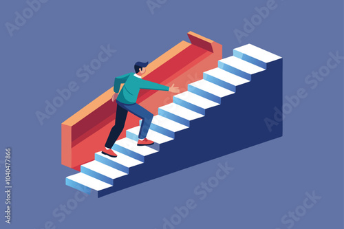 Reaching the goal. 3d render of a man going up the stairs towards the goal vector art illustration.