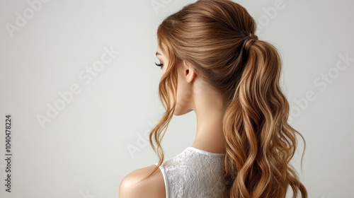 High ponytail with voluminous waves, a stylish and easy-to-wear women's hairstyle idea, set against white