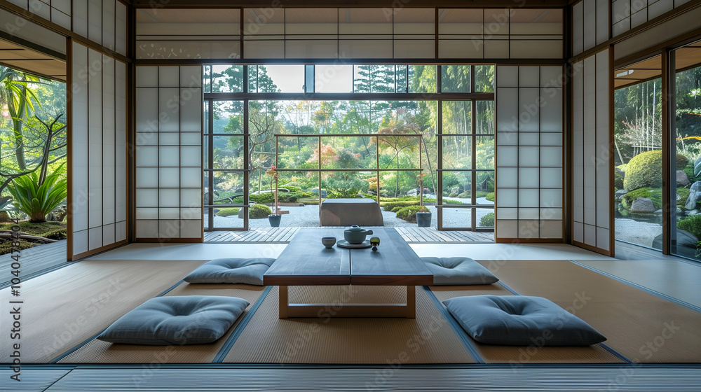 Fototapeta premium Serene Japanese Zen Minimalist Living Room Featuring Tatami Mats, Low Wooden Table, and Tranquil Indoor Plants