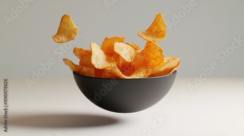 Crispy Potato Chips Floating Above a Black Bowl