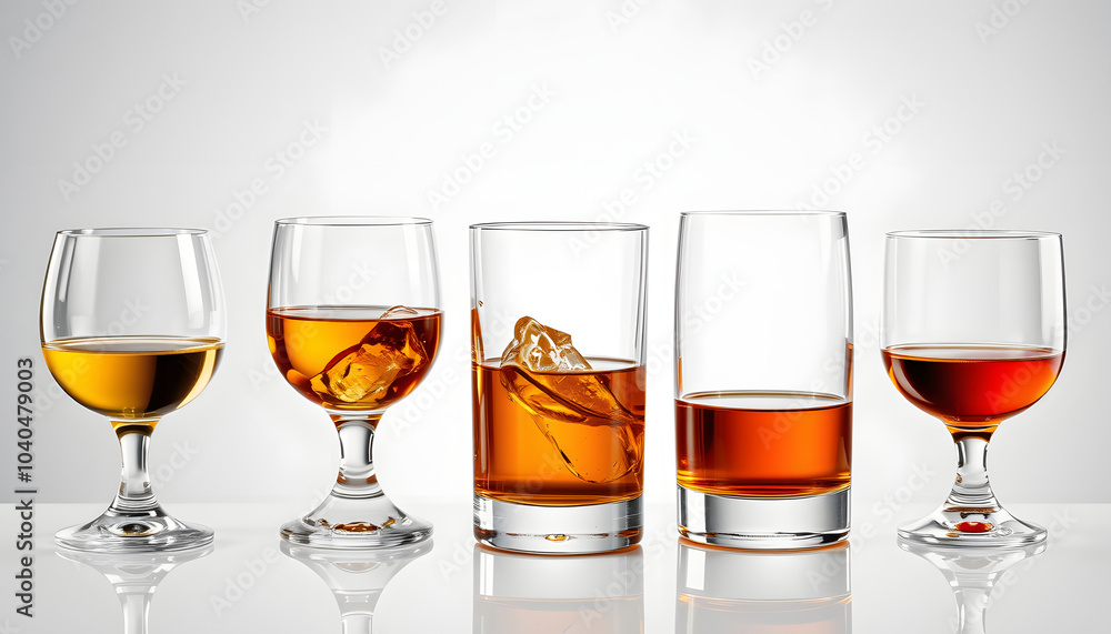 PNG Whiskey glasses with varying levels set isolated with white highlights, png PNG Whiskey glasses with varying levels set isolated with white highlights, png