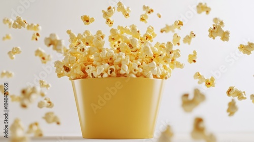 A Yellow Bucket Filled with Popcorn with More Floating Around It photo