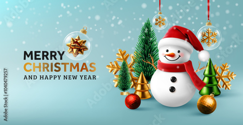 Merry Christmas and Happy New Year Winter Scene with Snowman,Santa hat ,Christmas Tree,Golden snow flakes and Golden Decorations on Blue Background.Christmas Promotion Poster or banner template