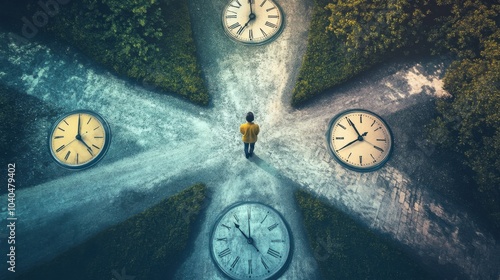 A captivating scene of a person standing at the intersection of several paths, each path represented by a different clock showing various times