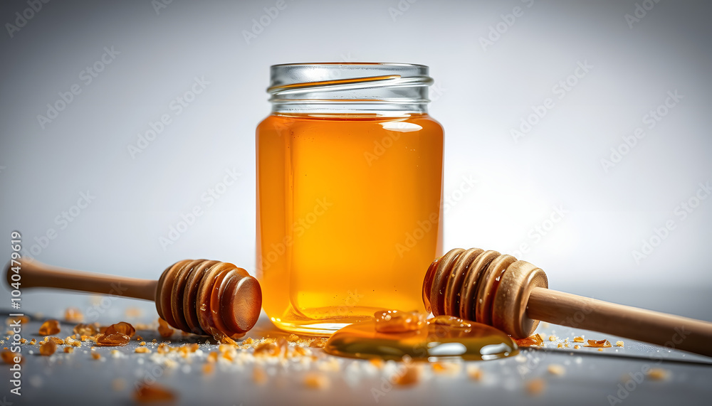 Natural organic honey in glass jar, honey dipper and honeycombs are near. Natural food background isolated with white highlights, png Natural organic honey in glass jar, honey dipper and honeycombs are near. Natural food background isolated with white highlights, png