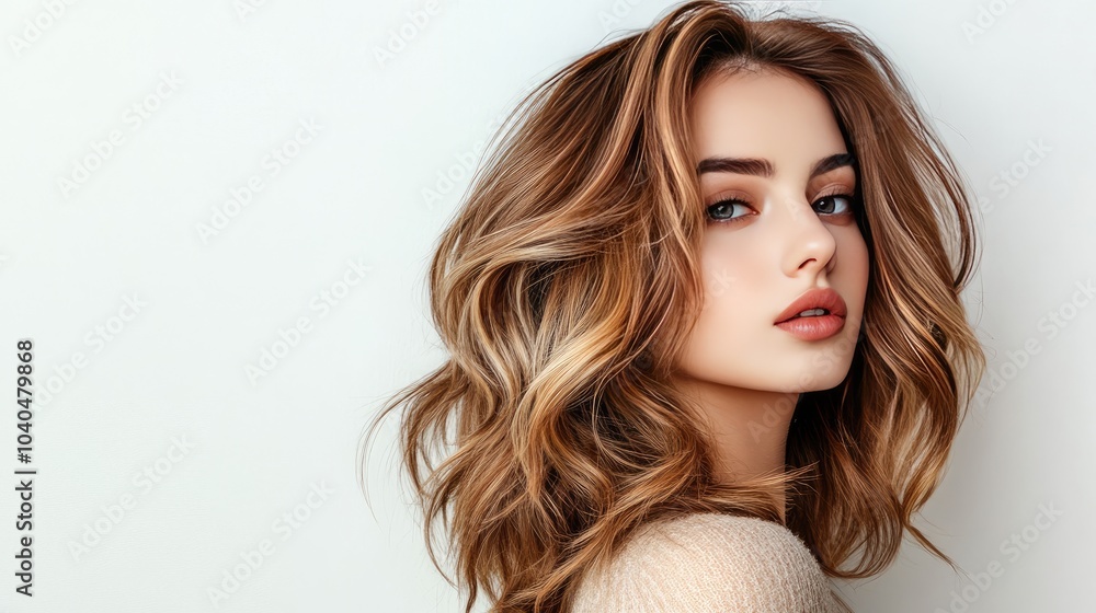 Shoulder-length wavy hairstyle with balayage highlights, a popular hairstyle for women, on a white background
