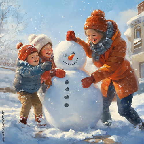 A heartwarming image of a family playing in the snow, building a snowman together, with red cheeks and wide smiles under the winter sun.