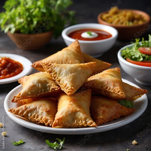 Samosas assortment with Tomato Sauce with some salad served