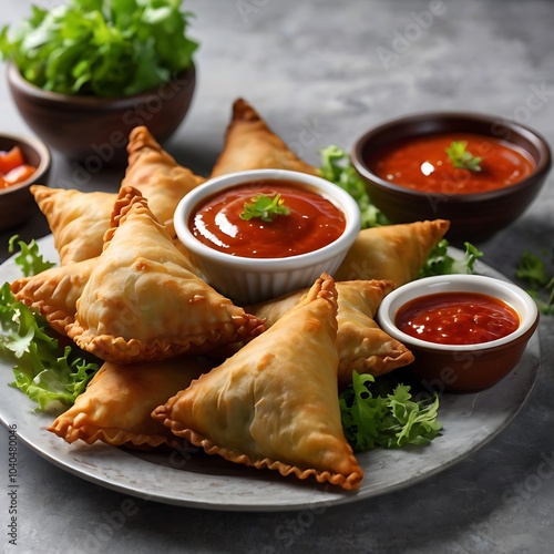 Samosas assortment with Tomato Sauce with some salad served