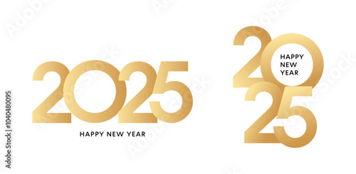 2025 3D numbers, New Year gold logo isolated