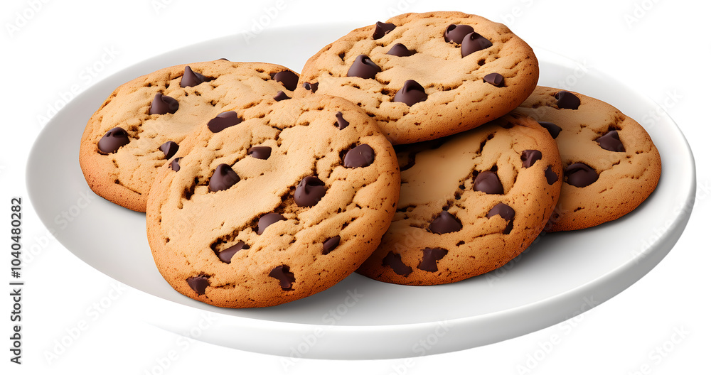 Chocolate Chip Cookies White Plate Closeup Transparent Background Cutout Chocolate Chip Cookies White Plate Closeup Transparent Background Cutout
