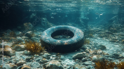 A Unique Perspective of a Tire Submerged in Clear Water with Fish Swimming Around: A Visual Exploration of Marine Life and Pollution photo