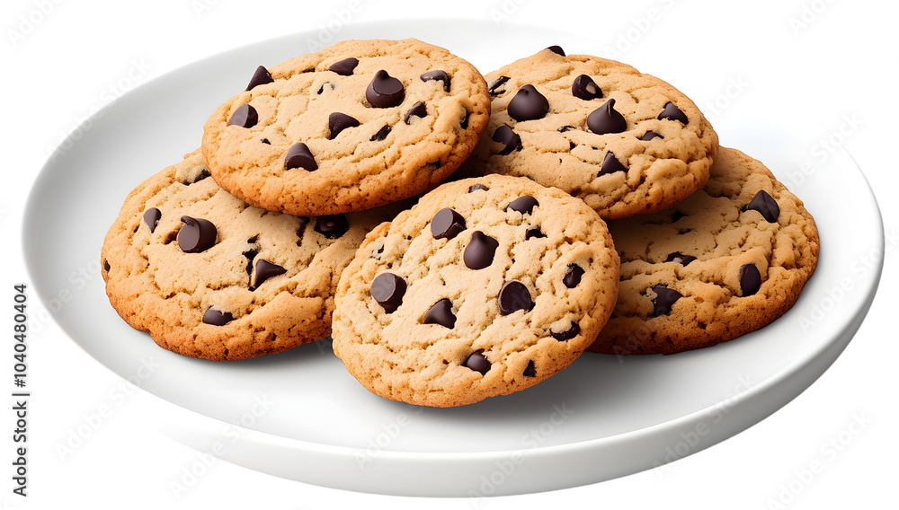 Chocolate Chip Cookies White Plate Closeup Transparent Background Cutout Chocolate Chip Cookies White Plate Closeup Transparent Background Cutout