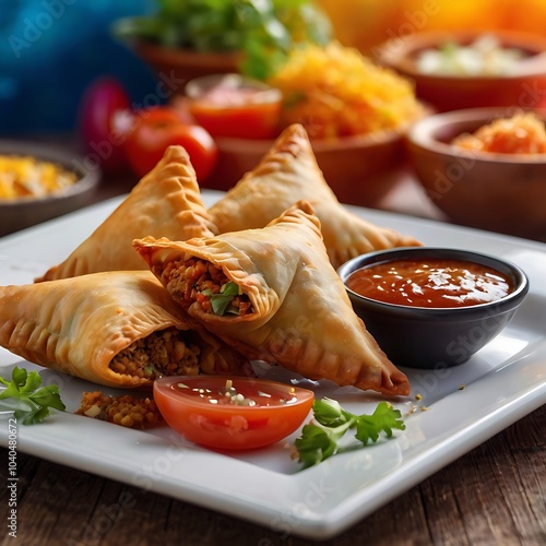 Samosas assortment with Tomato Sauce with some salad served