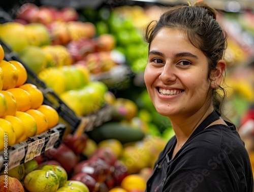 A smiling young grocery store employee with a positive demeanor posing in the produce section photo