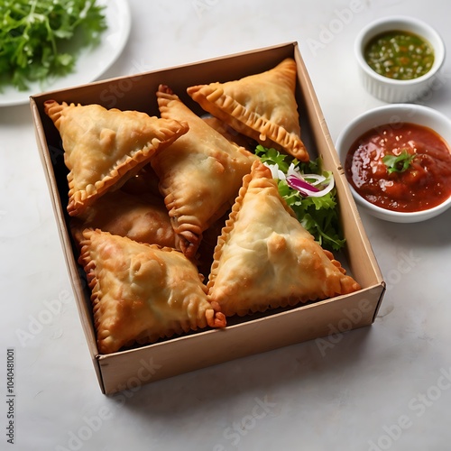 Samosas assortment with Tomato Sauce with some salad served