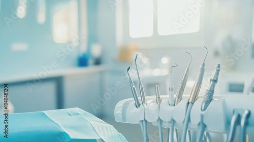 A dental hygienist performing a teeth cleaning procedure with modern tools in a well-lit dental office, with dental instruments and hygiene products visible, Precise style