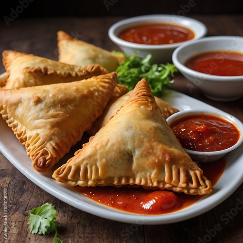 Samosas assortment with Tomato Sauce with some salad served