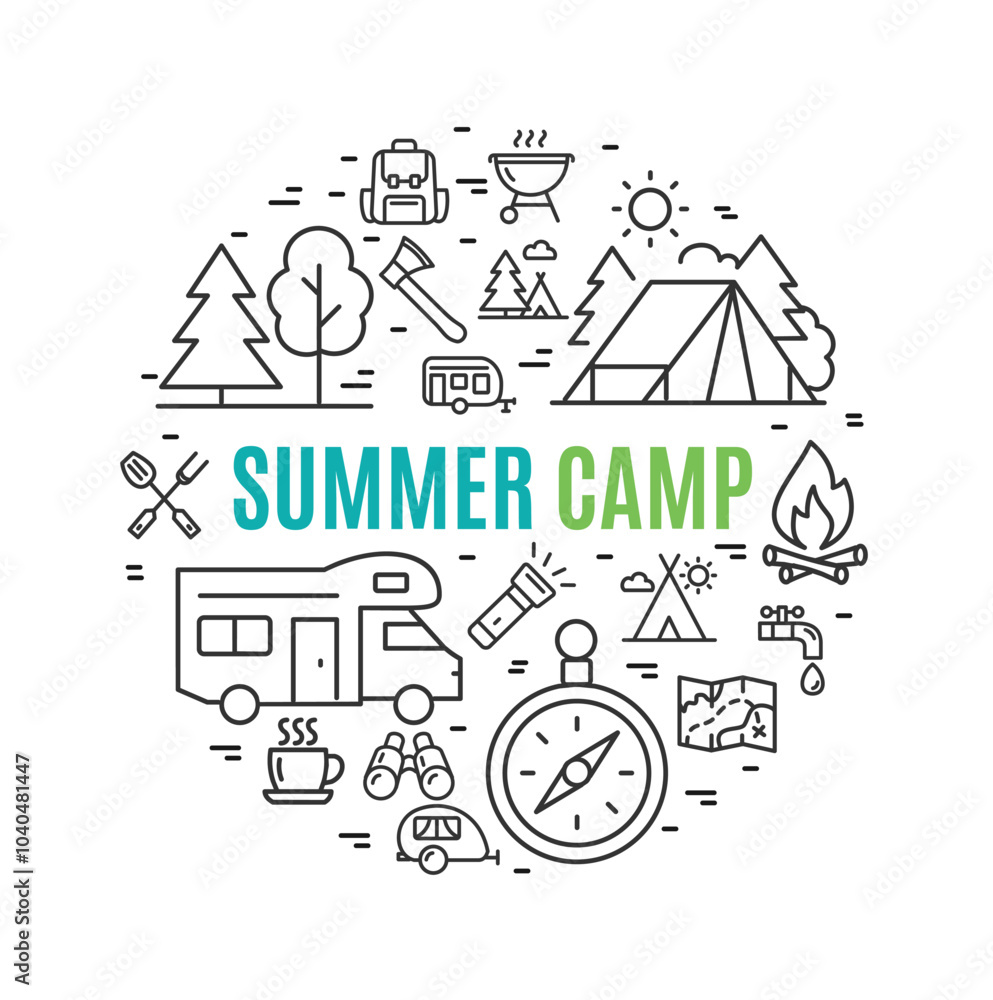Summer Camp Sign Round Design Template Thin Line Icon Banner. Vector illustration of Seasonal Camping Tourism Summer Camp Sign Round Design Template Thin Line Icon Banner. Vector illustration of Seasonal Camping Tourism