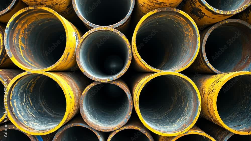 A close-up of several yellow metal pipes stacked on top of each other A close-up of several yellow metal pipes stacked on top of each other