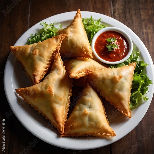Samosas assortment with Tomato Sauce with some salad served