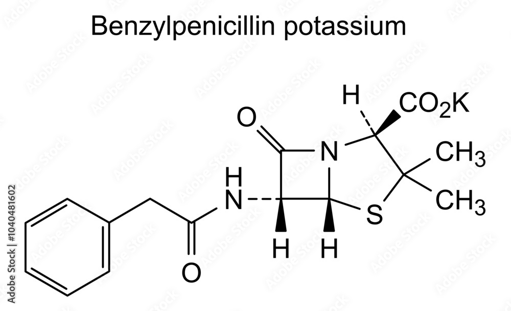 Chemical structure of benzylpenicillin potassium, drug substance Chemical structure of benzylpenicillin potassium, drug substance