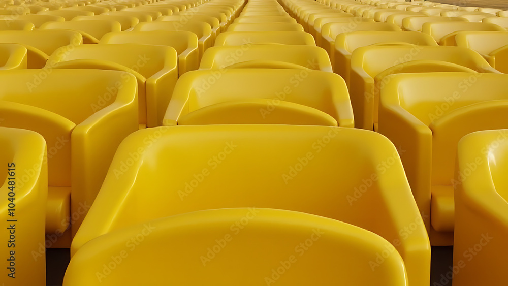 Fototapeta premium Multiple empty yellow chairs line up waiting for an upcoming large gathering of people.