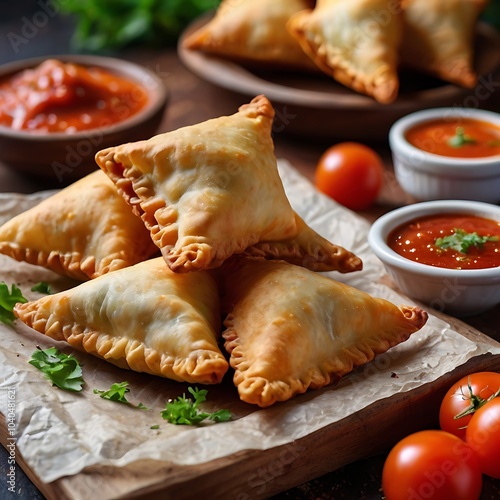 Samosas assortment with Tomato Sauce with some salad served