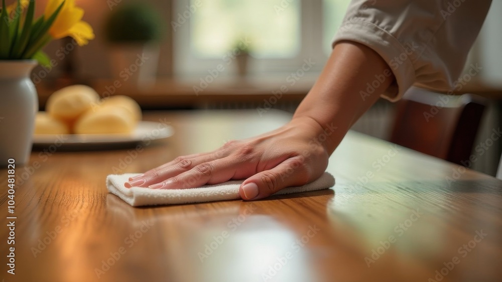 Person cleaning a wooden table in a cozy kitchen with fresh flowers and baked goods on the counter during a bright afternoon Person cleaning a wooden table in a cozy kitchen with fresh flowers and baked goods on the counter during a bright afternoon