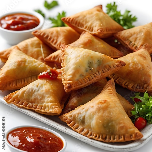 Samosas assortment with Tomato Sauce with some salad served