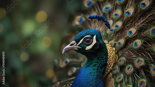 A close-up portrait of a peacock with its feathers fanned out, showcasing its vibrant blue, green, and gold colors against a soft green and golden bokeh background.