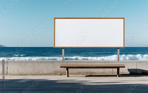 Wallpaper Mural A blank billboard near a beach, with gentle waves and a clear sky, sits above a wooden bench, inviting creativity and contemplation by the water. Torontodigital.ca