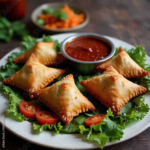 Samosas assortment with Tomato Sauce with some salad served