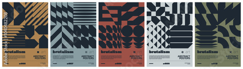 Brutalism art colorful trendy poster, abstract geometric composition graphic in Y2K aesthetics, vector simple shapes rave print artwork modernism and minimalistic brutal style A4 format set 2