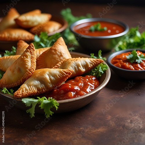 Samosas assortment with Tomato Sauce with some salad served
