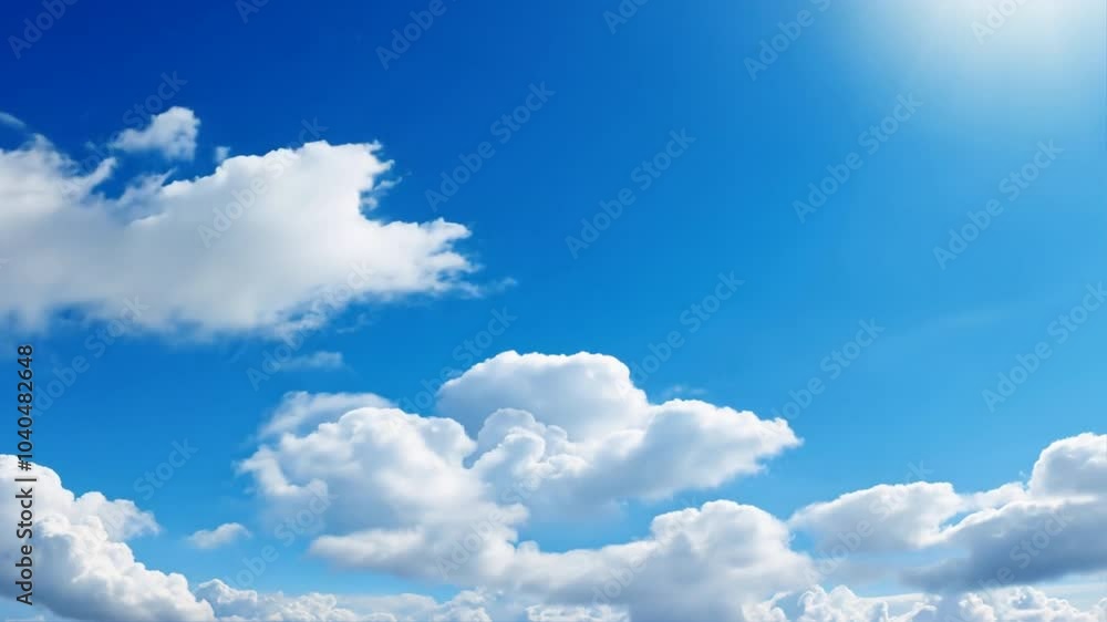 Azure Serenity: A breathtaking panoramic view of a vibrant blue sky adorned with fluffy white cumulus clouds, bathed in the warm glow of the sun. Azure Serenity: A breathtaking panoramic view of a vibrant blue sky adorned with fluffy white cumulus clouds, bathed in the warm glow of the sun.