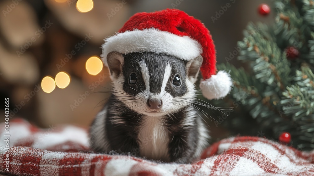A skunk wearing a Santa hat sits on a cozy blanket near a festive holiday decoration A skunk wearing a Santa hat sits on a cozy blanket near a festive holiday decoration