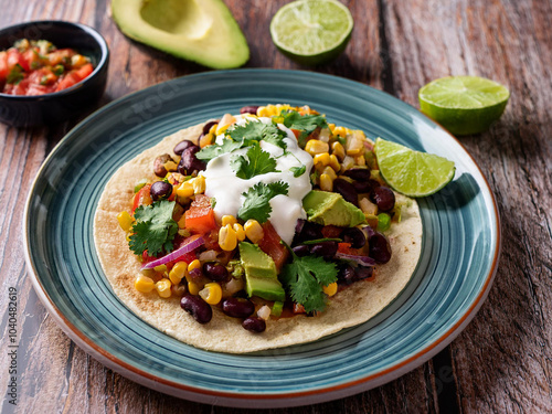 Colorful vegan tacos with black beans, corn salsa, roasted vegetables, avocado, and vegan sour cream, garnished with lime ai.