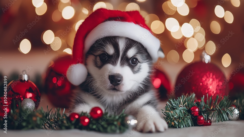 Christmas and New Year Background with Cute Pets and Festive Decorations Christmas and New Year Background with Cute Pets and Festive Decorations