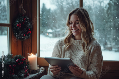 A smiling woman in a cozy sweater sits by a window, using a tablet while snow falls outside, surrounded by holiday decorations.