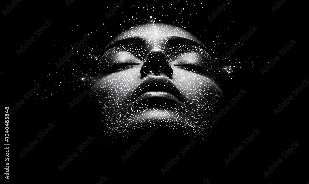 Futuristic human face illuminated by digital light points in a minimalist, cosmic-inspired design Futuristic human face illuminated by digital light points in a minimalist, cosmic-inspired design