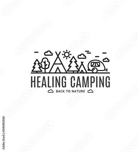 Healing Camping Sign Thin Line Icon Emblem Concept. Vector illustration of Recreation Area with Van or Trailer