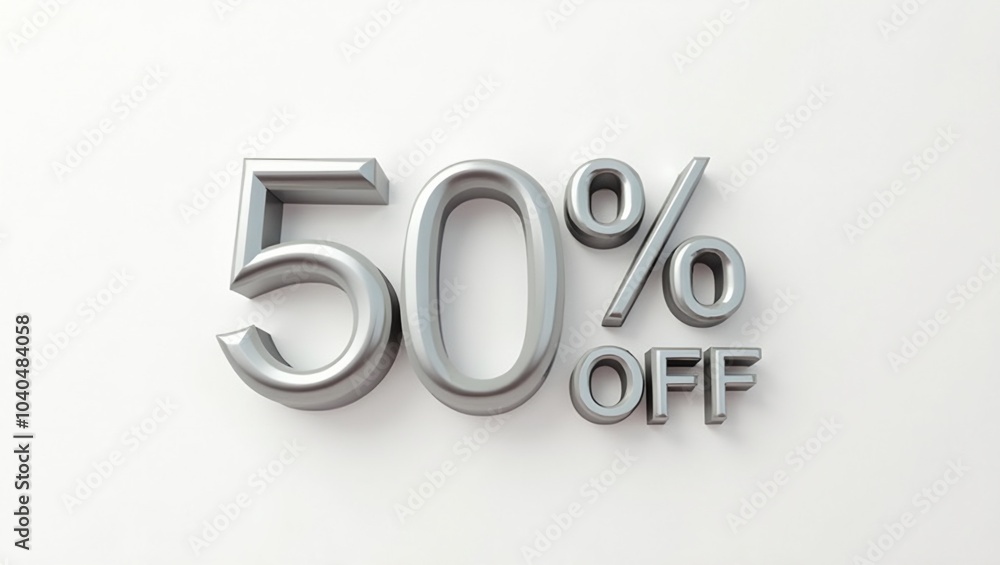 Stylish 50 OFF in silver 3D letters on white background Stylish 50 OFF in silver 3D letters on white background