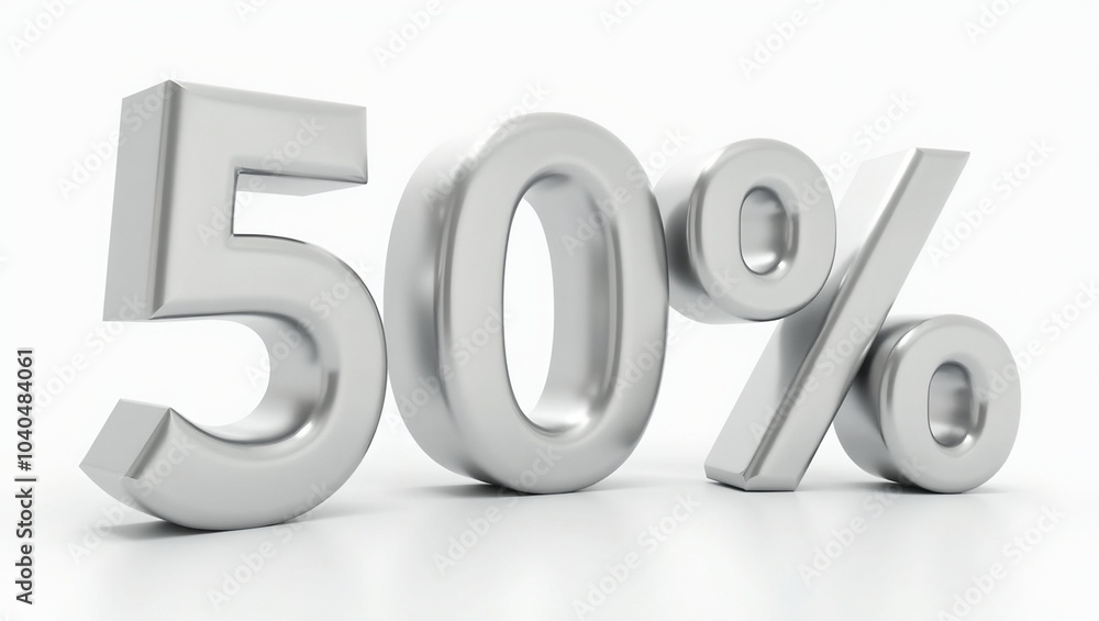 Stylish 50 OFF in silver 3D letters on white background Stylish 50 OFF in silver 3D letters on white background