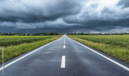 Endless rural road under dark, stormy clouds, cutting through green fields, symbolizing both tranquility and the power of nature