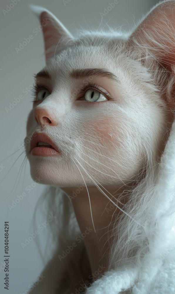 Photorealistic close-up of a hybrid human-cat figure with soft, white ...
